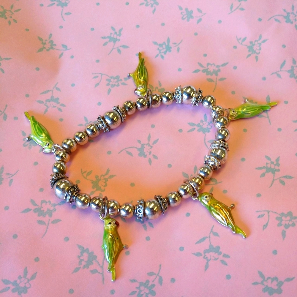 NEW Bird Charm Bracelet with Silver Beads Stretch Cord Handmade by Jackie NWT